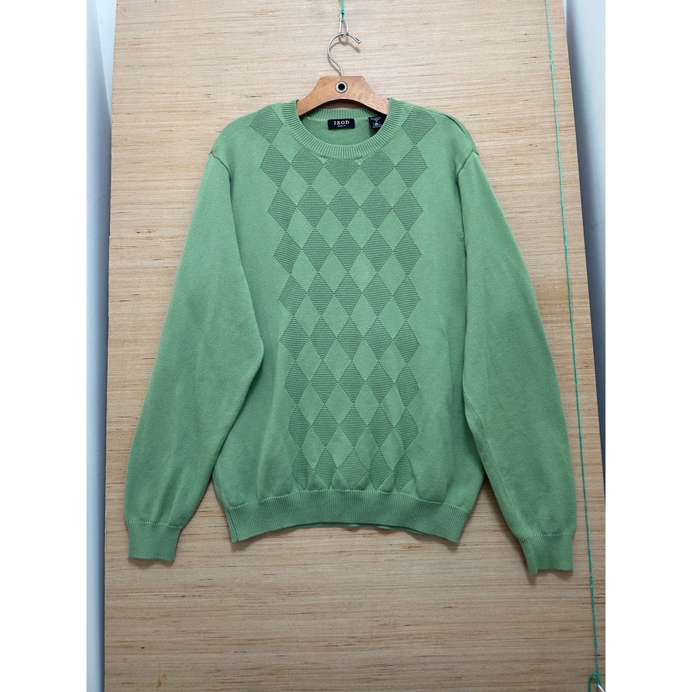 Izod Golf Mens Green Textured Argyle Crewneck Sweater Cotton Rayon Blend Size M